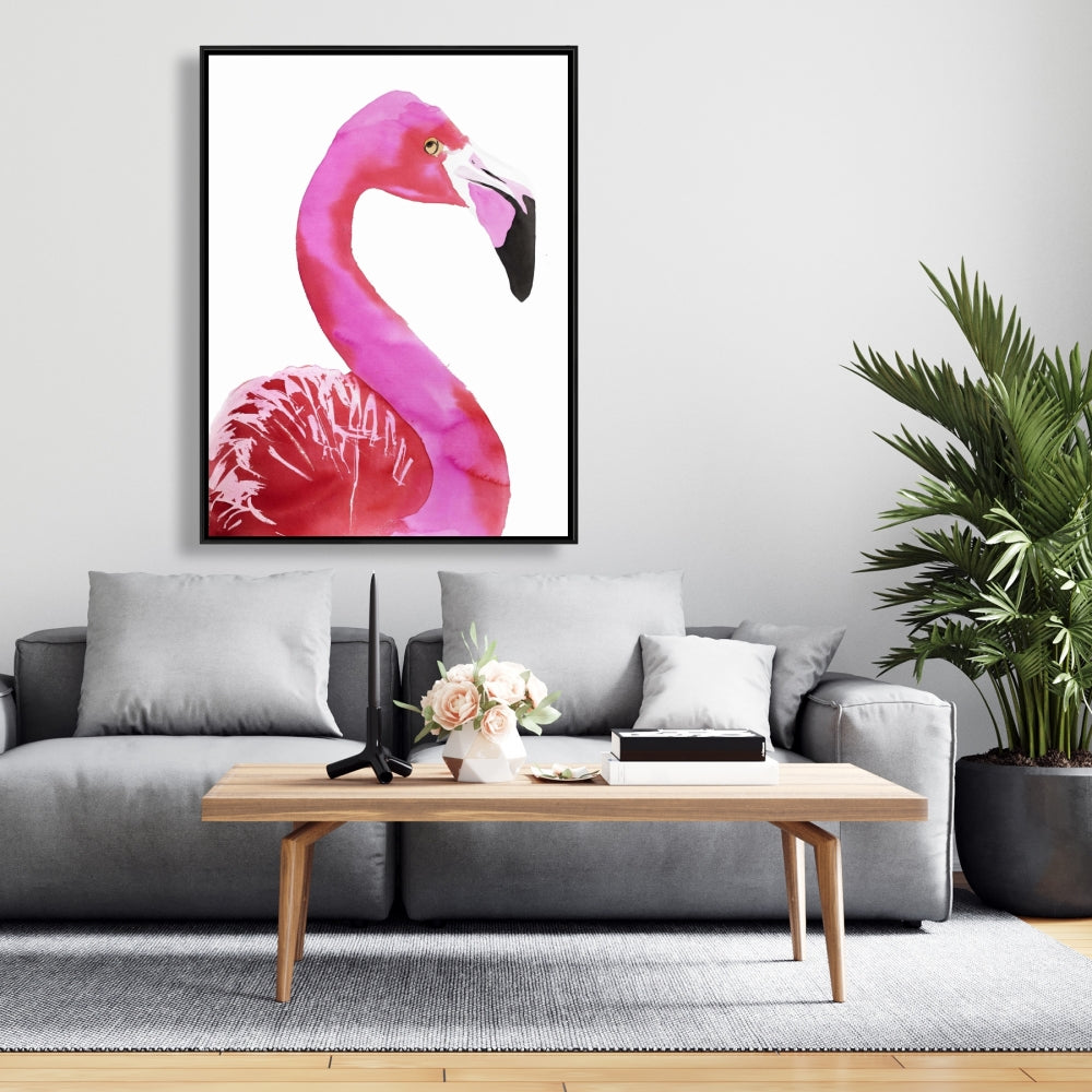 Watercolor Proud Flamingo Profile | Pink Framed Canvas Decor