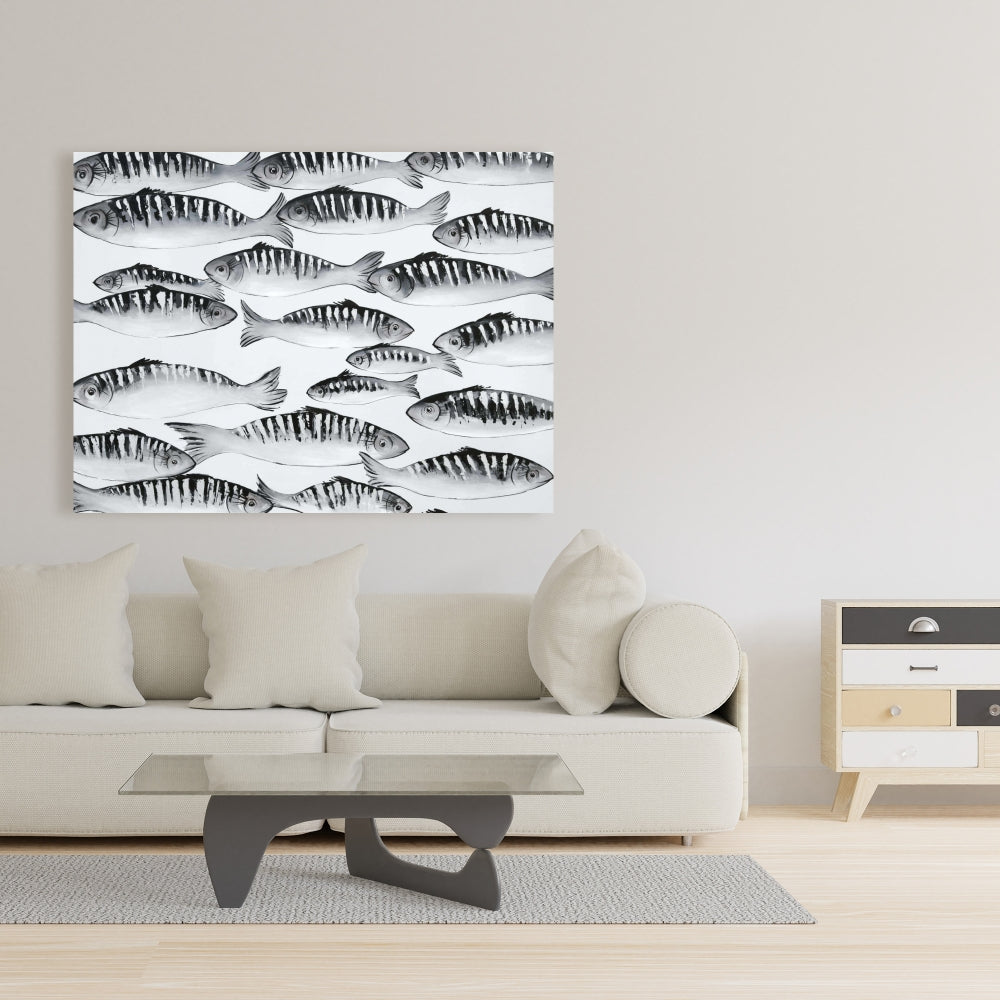 Gray Shoal of Fish Canvas | White Aquatic Decor for Bedroom