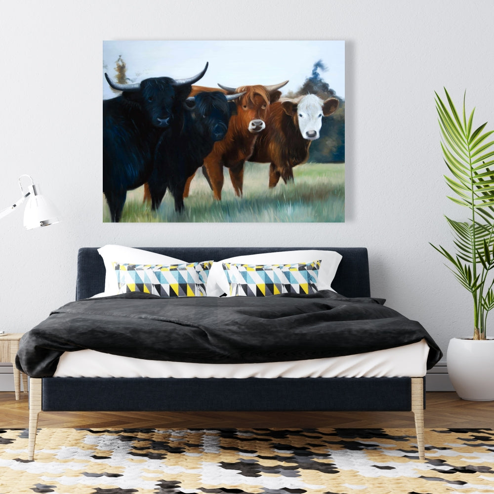 Brown Western Bedroom Canvas - Four Highland Cows Wall Art