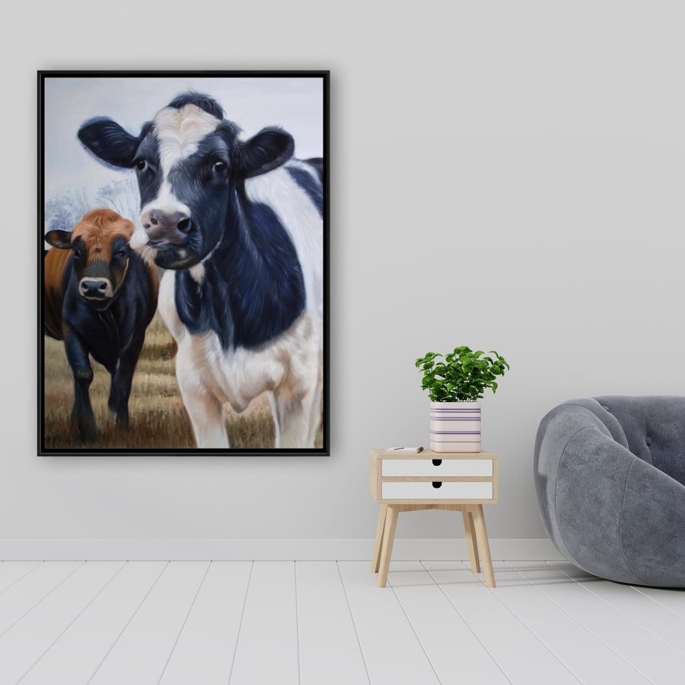 Rustic Farmhouse Canvas - Two Cows Eating Grass Wall Art