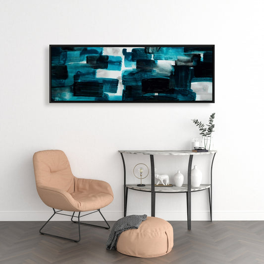 Pattern Blue Framed Canvas | Turquoise and Gray Squares Decor