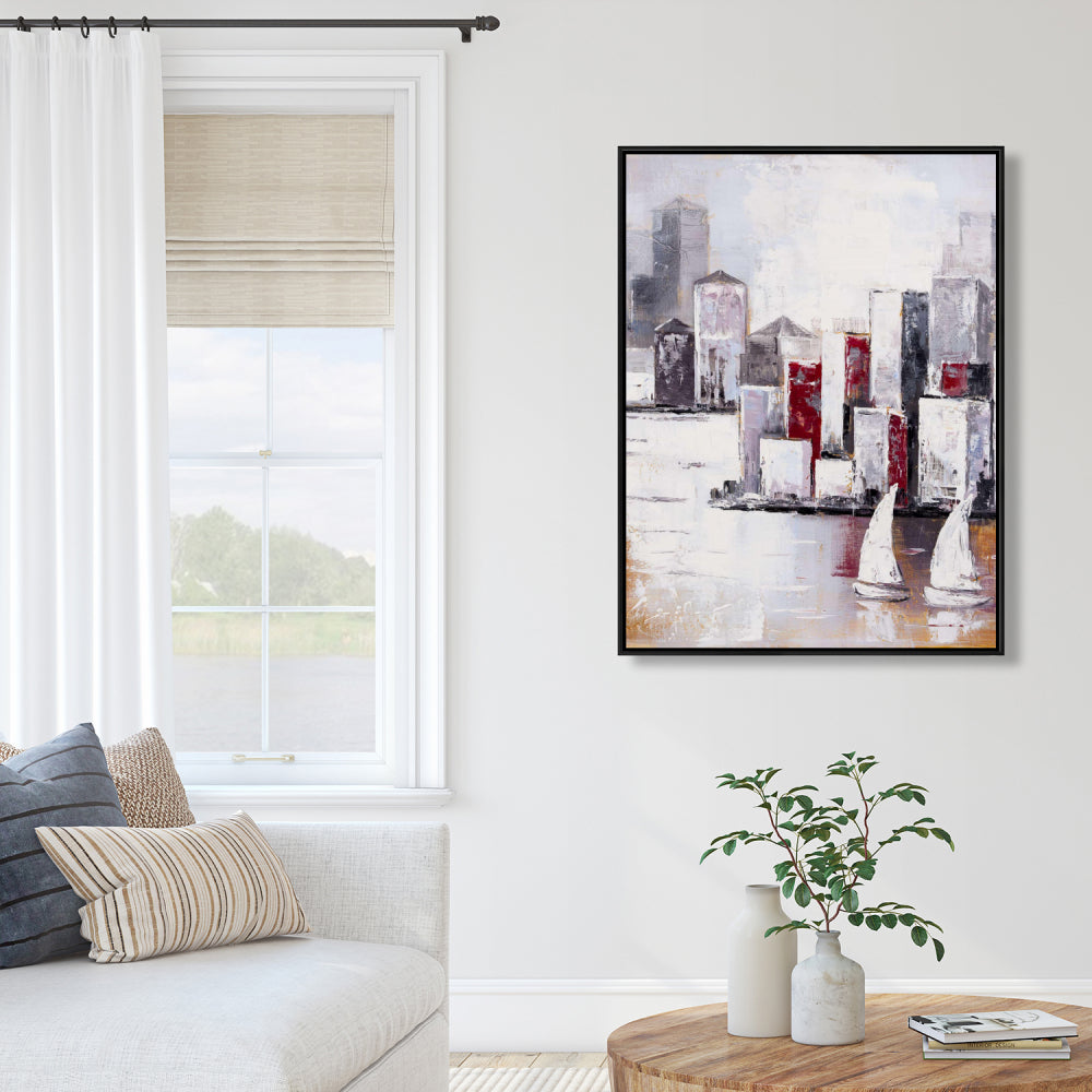 Toile encadrée grise « Voiliers et ville urbaine » - Décoration d'intérieur