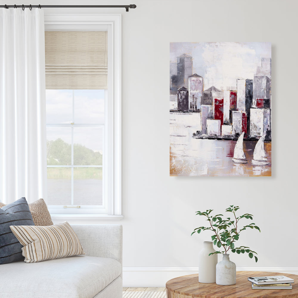 Toile « Voiliers et ville urbaine » - Décoration d'intérieur industrielle grise