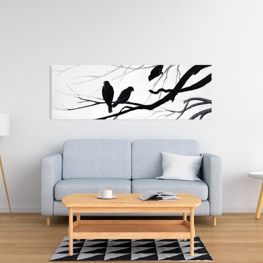 Silhouette d'oiseaux sur toile blanche - Décoration murale avec arbres pour chambre à coucher