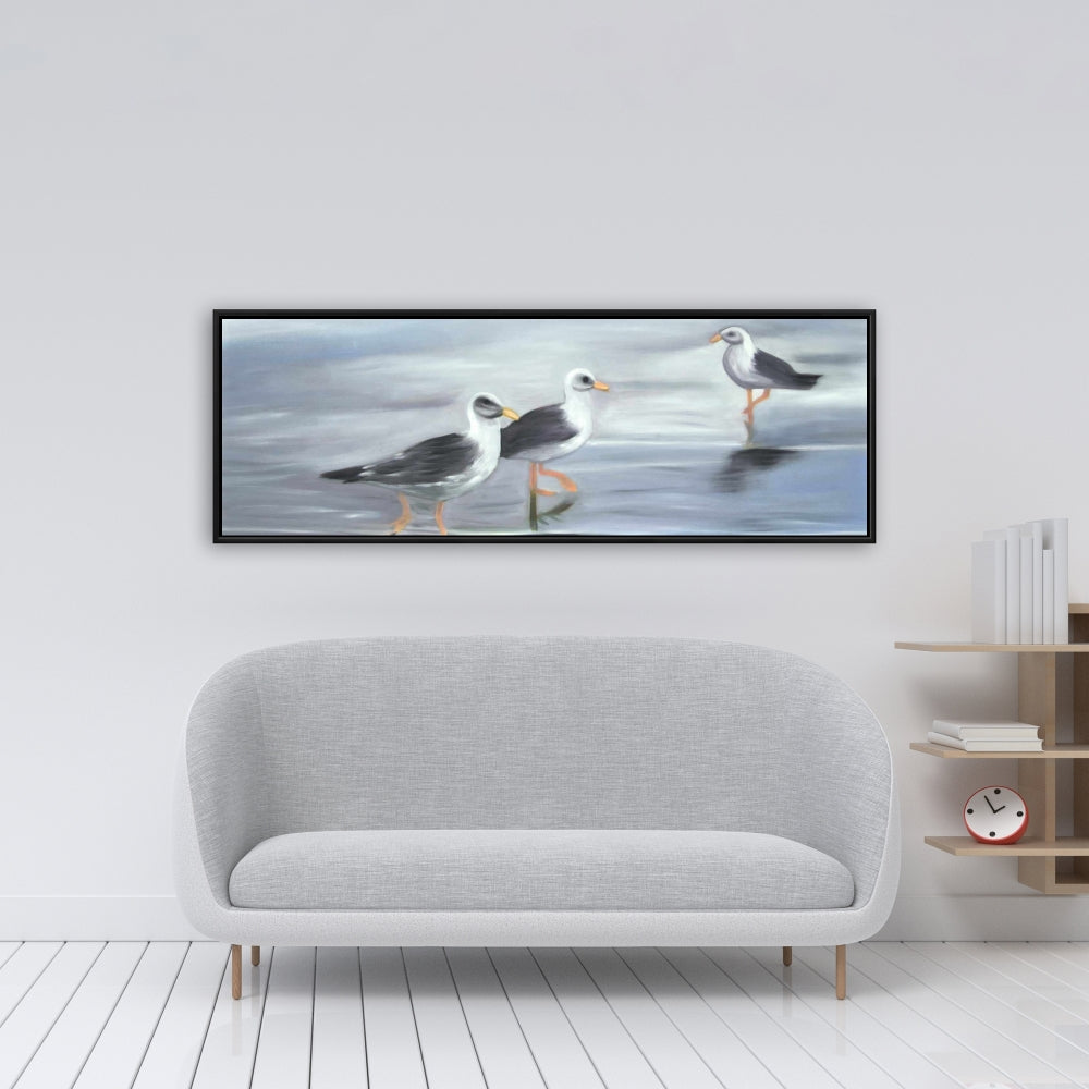 Toile encadrée bleue « Trois Mouettes » | Décoration de salon