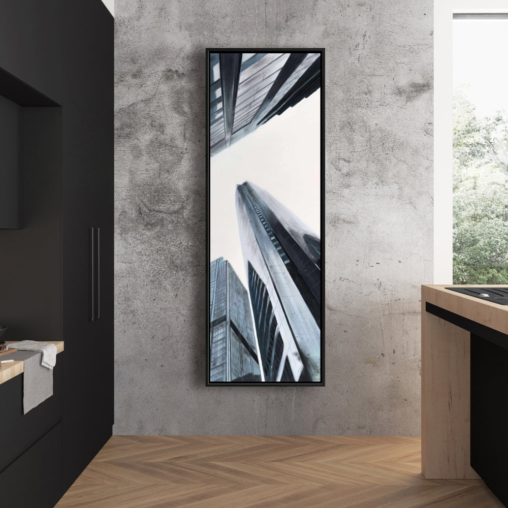 Perspective View of Skyscraper - Blue Cities Framed Canvas