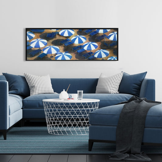 Beach Umbrellas Coastal Blue Framed Canvas | Home Decor