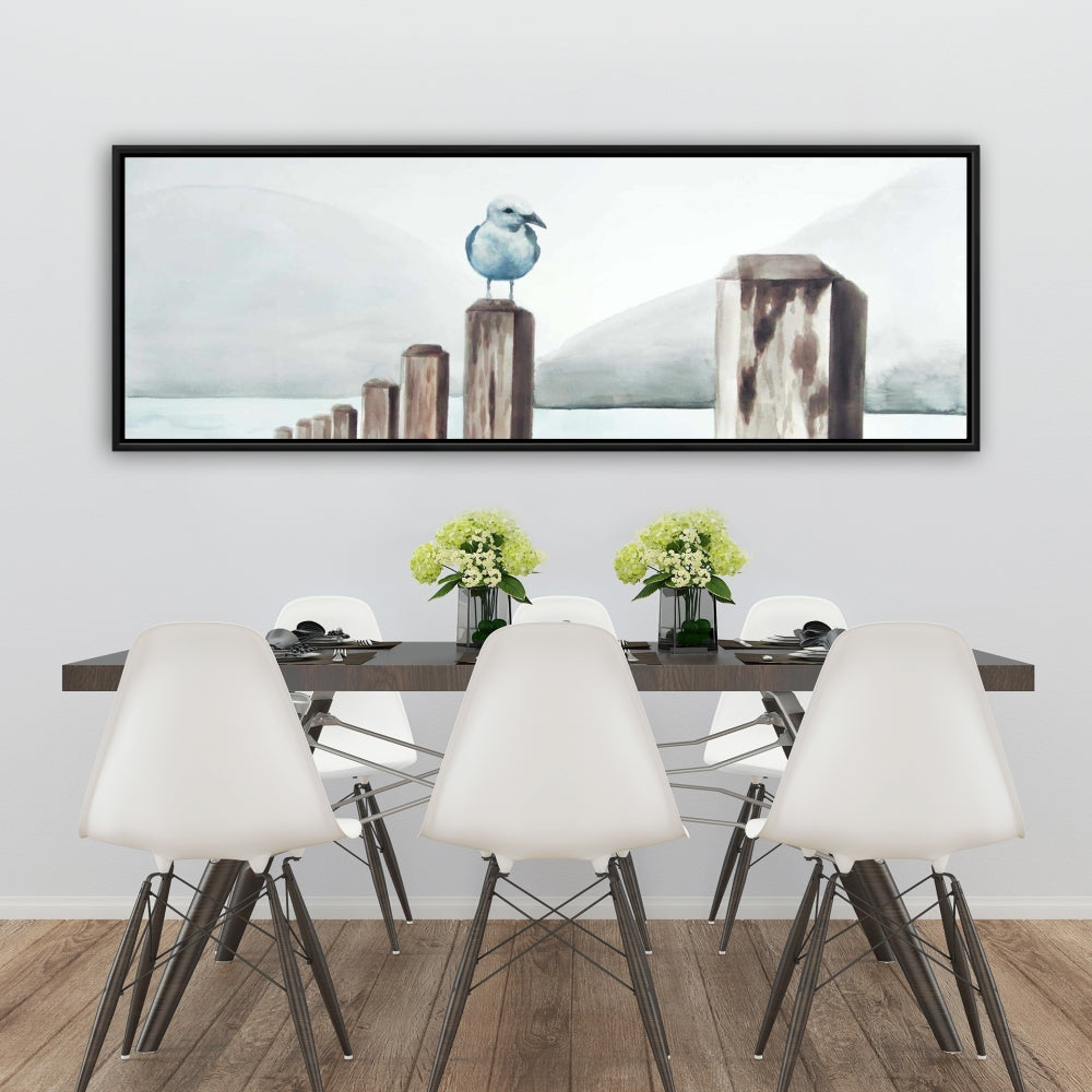 Mouette à la marina | Toile encadrée bleu marine