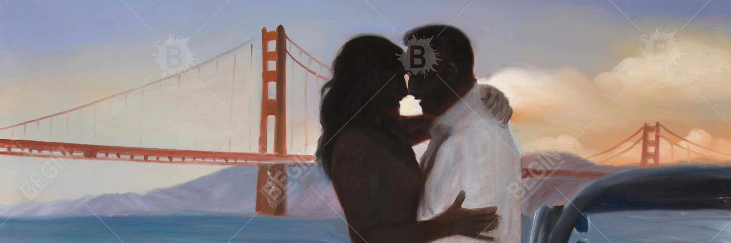 Blue Bedroom Bridge Canvas | Loving Couple San Francisco Art