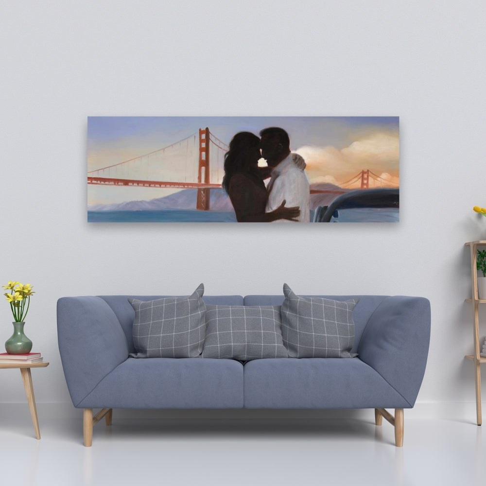 Blue Bedroom Bridge Canvas | Loving Couple San Francisco Art