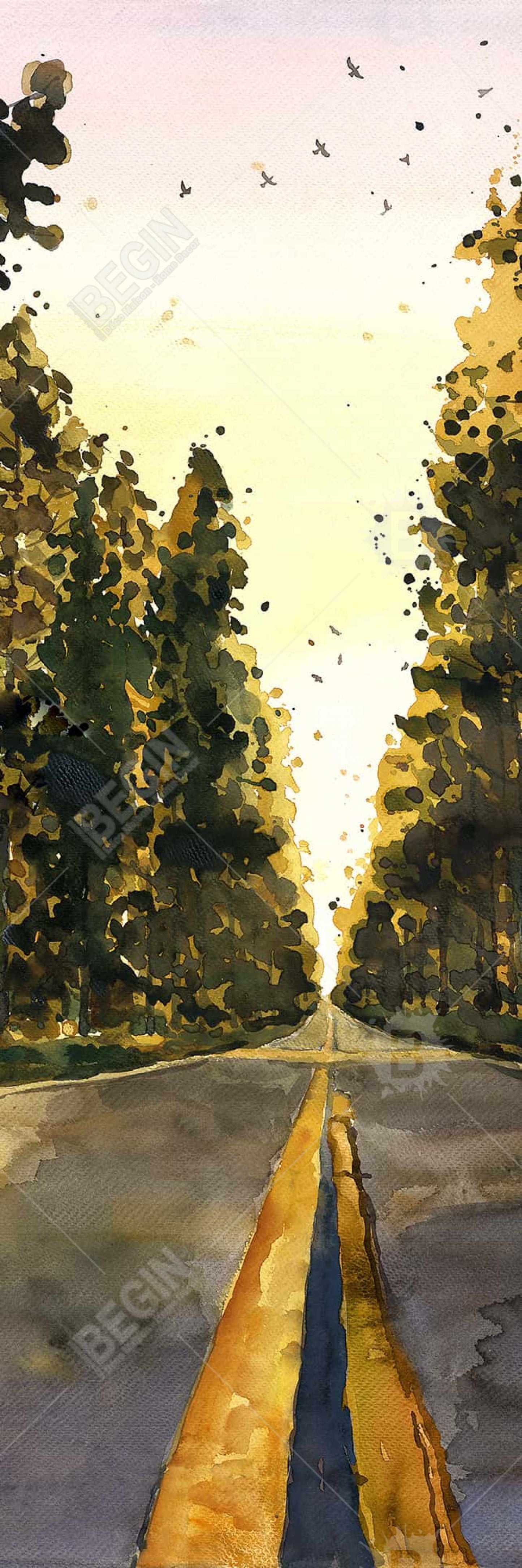 Long Road Trees Illustration - Yellow Canvas for Home Decor