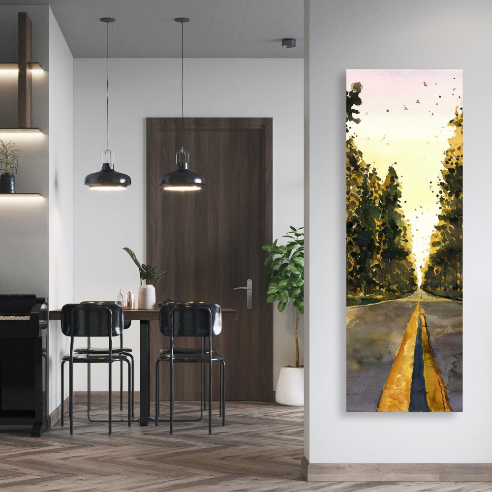 Long Road Trees Illustration - Yellow Canvas for Home Decor