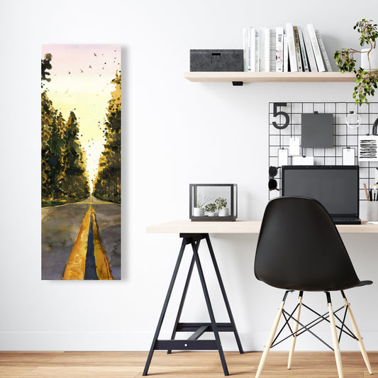 Long Road Trees Illustration - Yellow Canvas for Home Decor