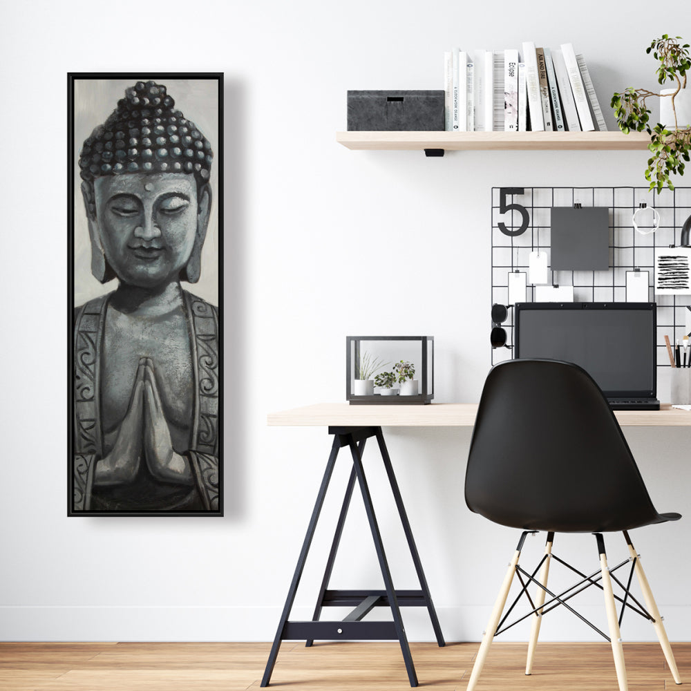 Gray Asian Framed Buddha Canvas | Elegant Bedroom Wall Art