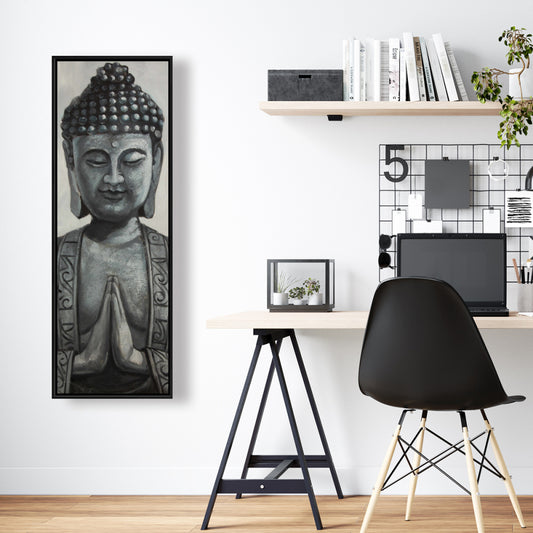 Toile encadrée grise représentant un Bouddha asiatique | Décoration murale élégante pour chambre à coucher