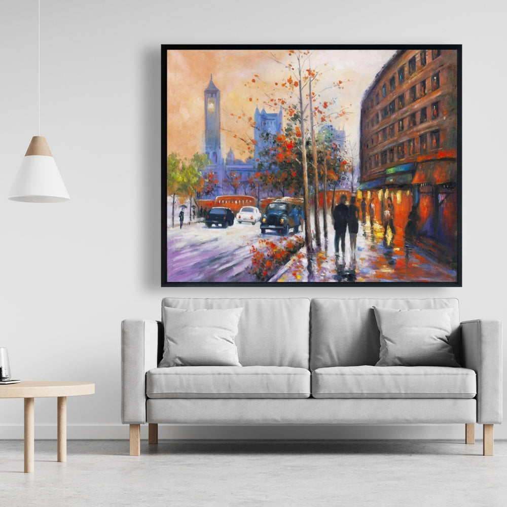 Toile pour chambre à coucher « Ville près des arbres d'automne » | Décoration d'intérieur contemporaine