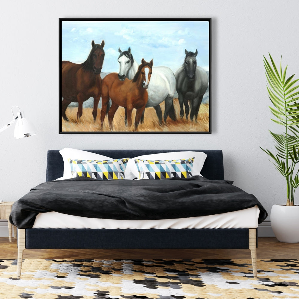 Rustic Blue Framed Canvas - Horses in Meadow by Sun Decor