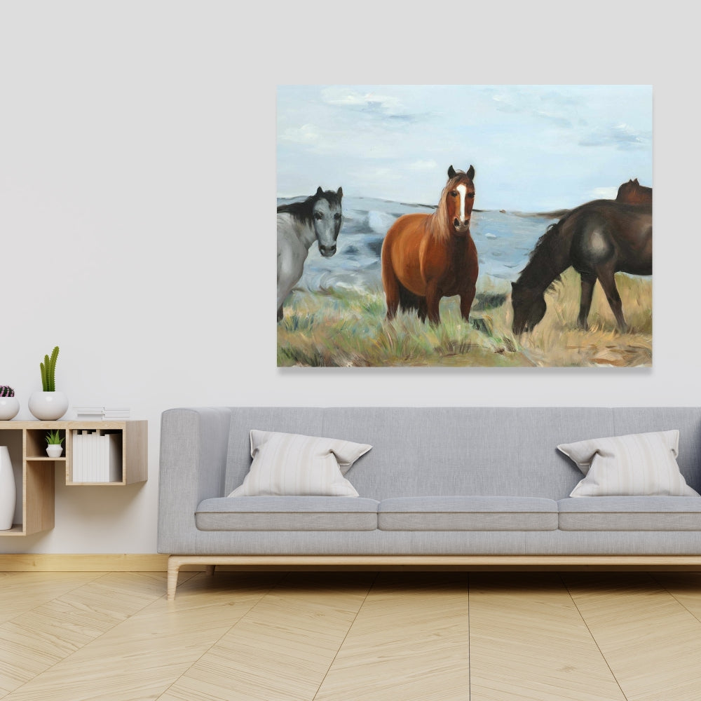 Rustic Bedroom Canvas | Horses Eating in Meadow Wall Art