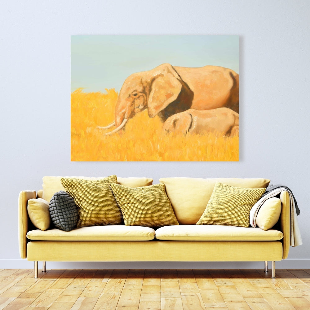 Elephant Blue Bedroom Canvas - Elephant and Its Little One Decor