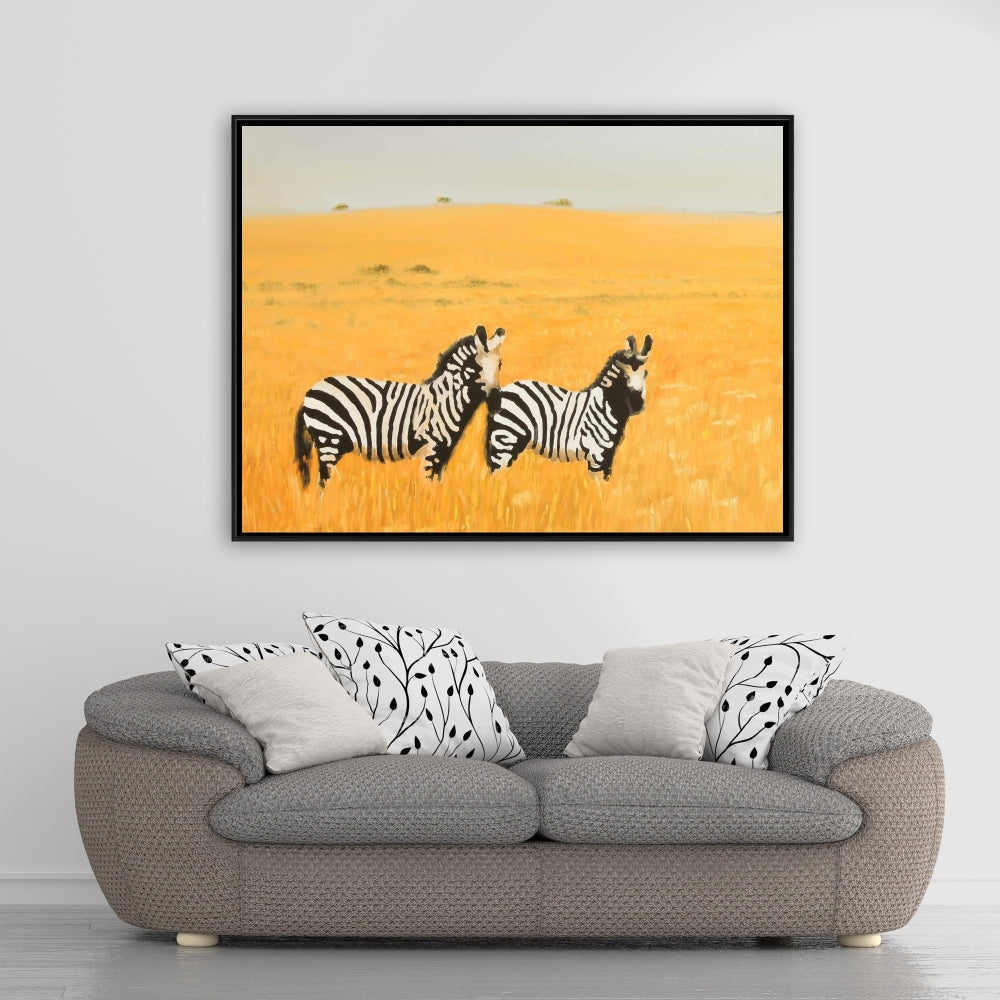 "Herd of Zebra Canvas | Yellow Animal Wall Art for Bedroom"