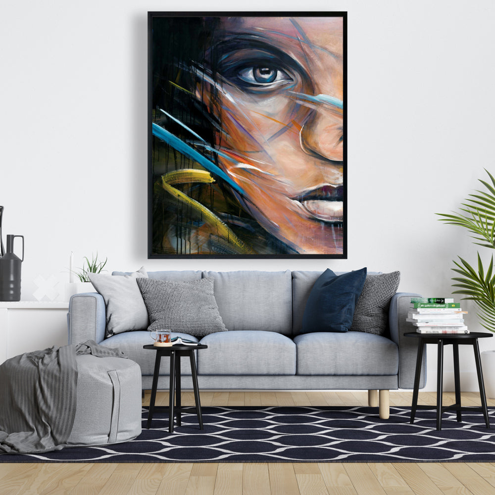 Toile colorée représentant un visage de femme | Décoration encadrée « Beauté bleue »