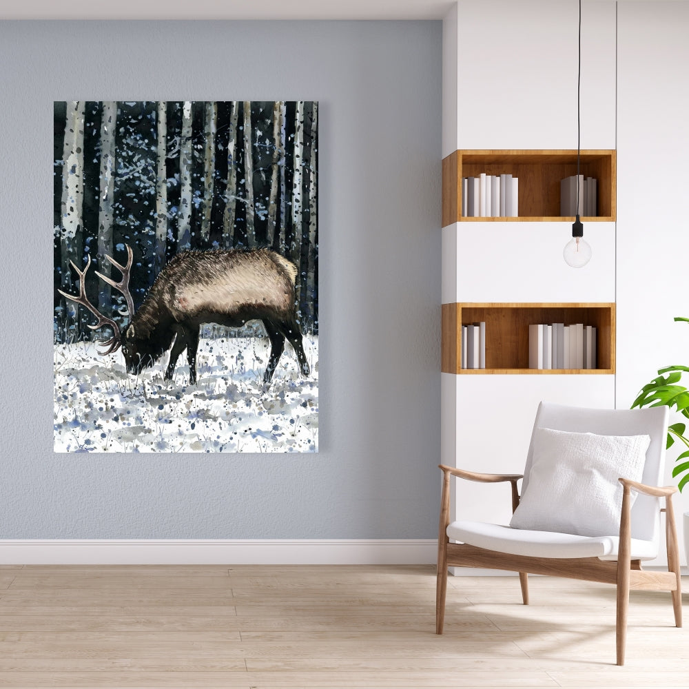 Caribou in Winter Forest Canvas - Blue Trees Bedroom Decor