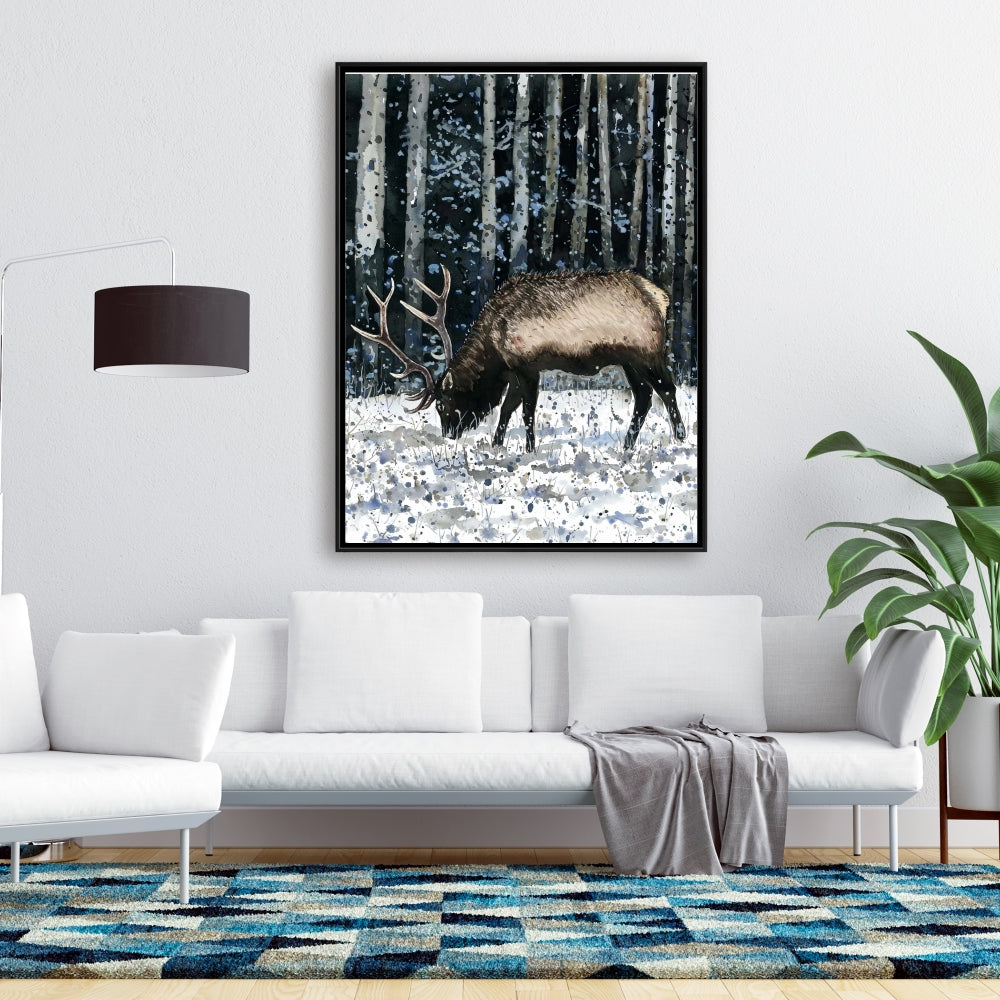 Rustic Blue Bedroom Canvas | Caribou in Winter Forest Decor