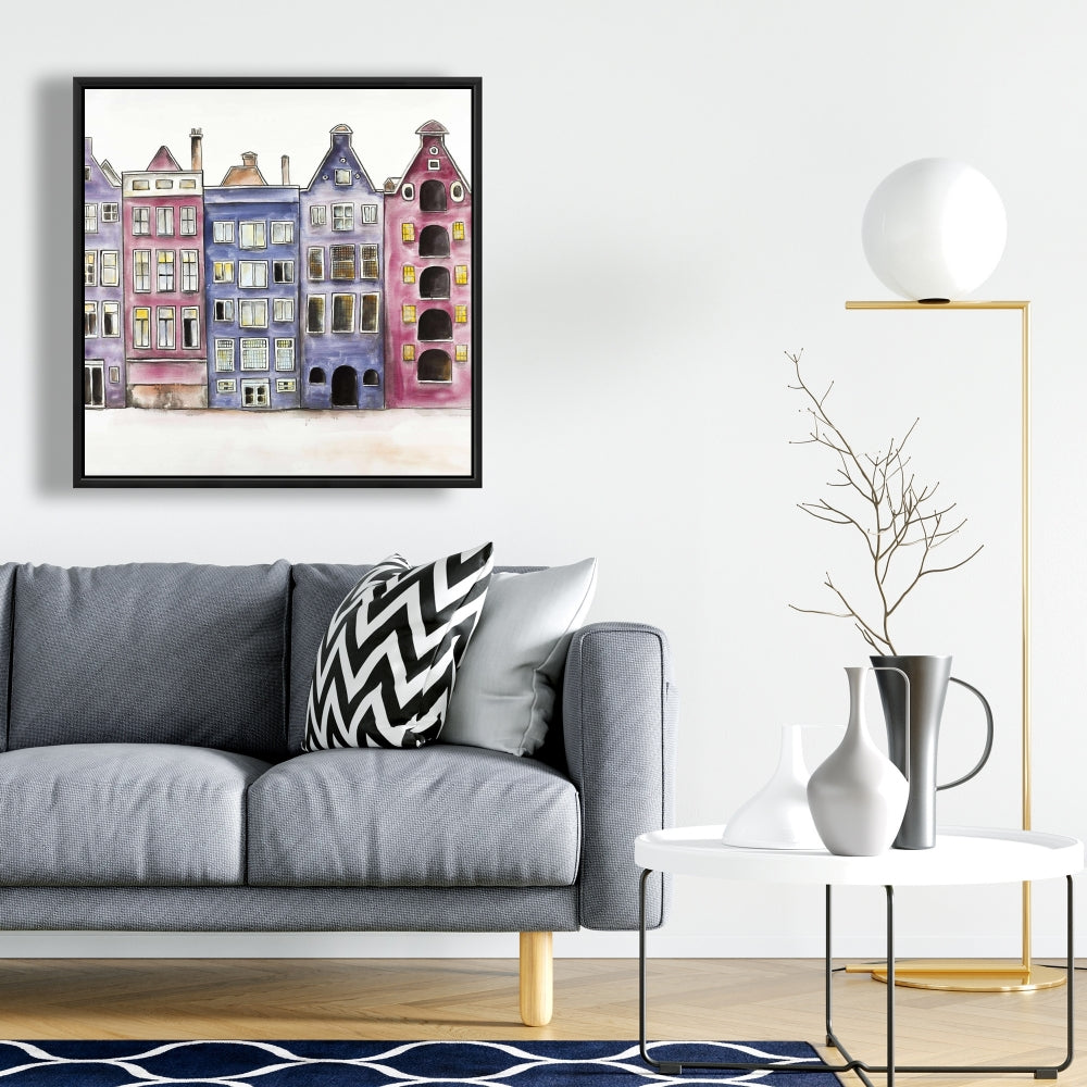 Toile « Maisons historiques d'Amsterdam » | Décoration murale encadrée violette