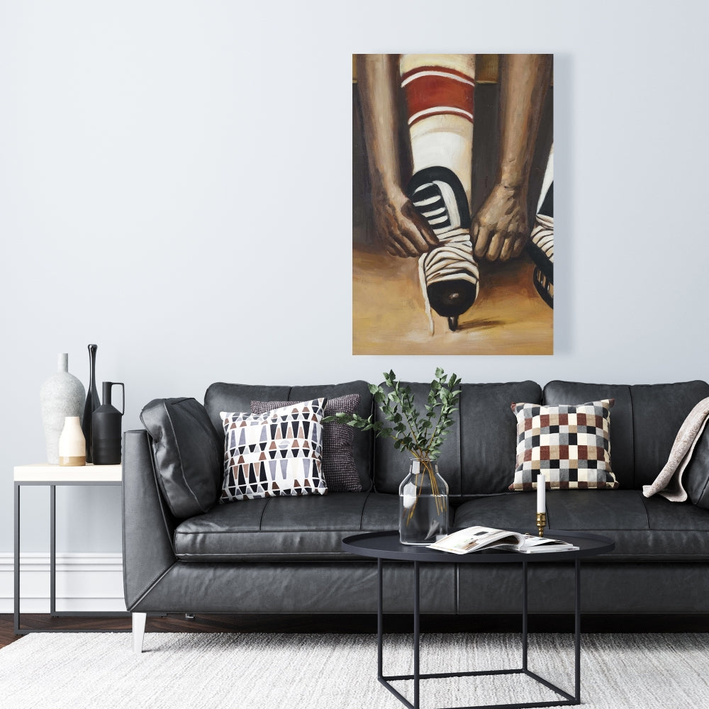 Brown Livingroom Canvas | Hockey Player Ties Skates Decor