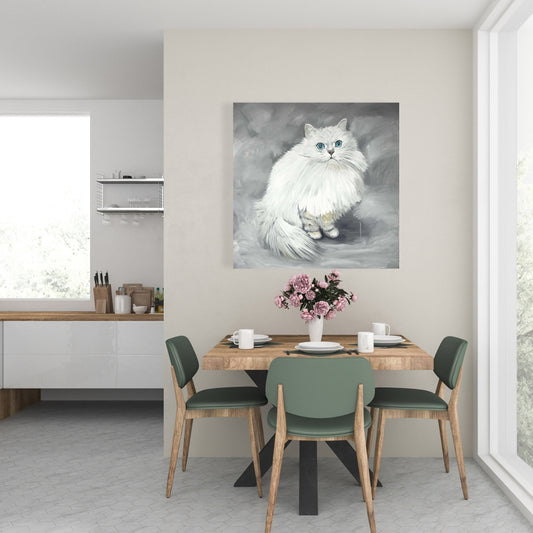 Toile représentant un chat persan chinchilla - Décoration de chambre blanche