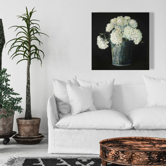 White Hydrangea Flowers Canvas | Black Rustic Bedroom Decor
