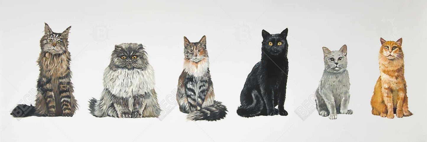 Toile encadrée marron « Six chats alignés » | Décoration d'intérieur