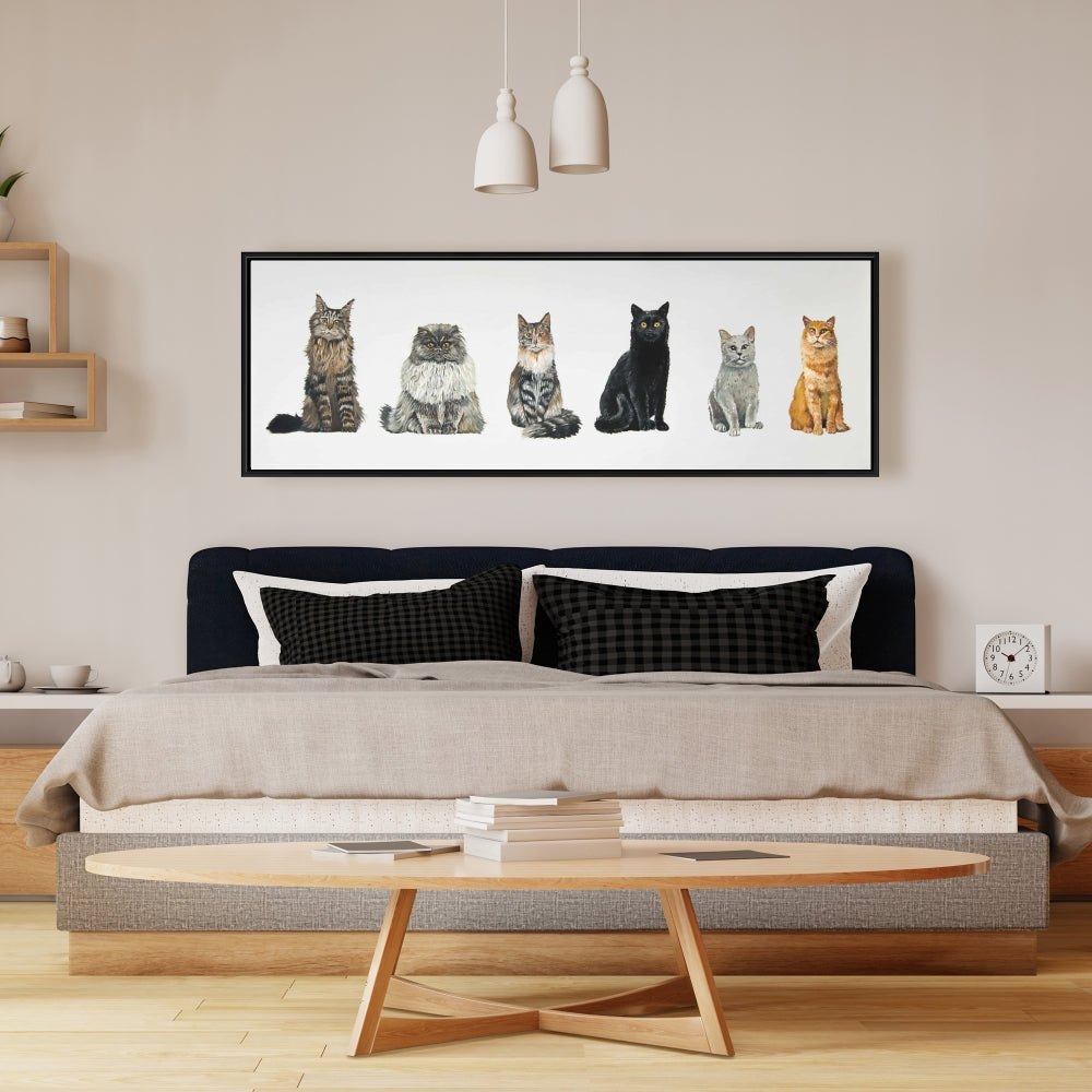 Toile encadrée marron « Six chats alignés » | Décoration d'intérieur