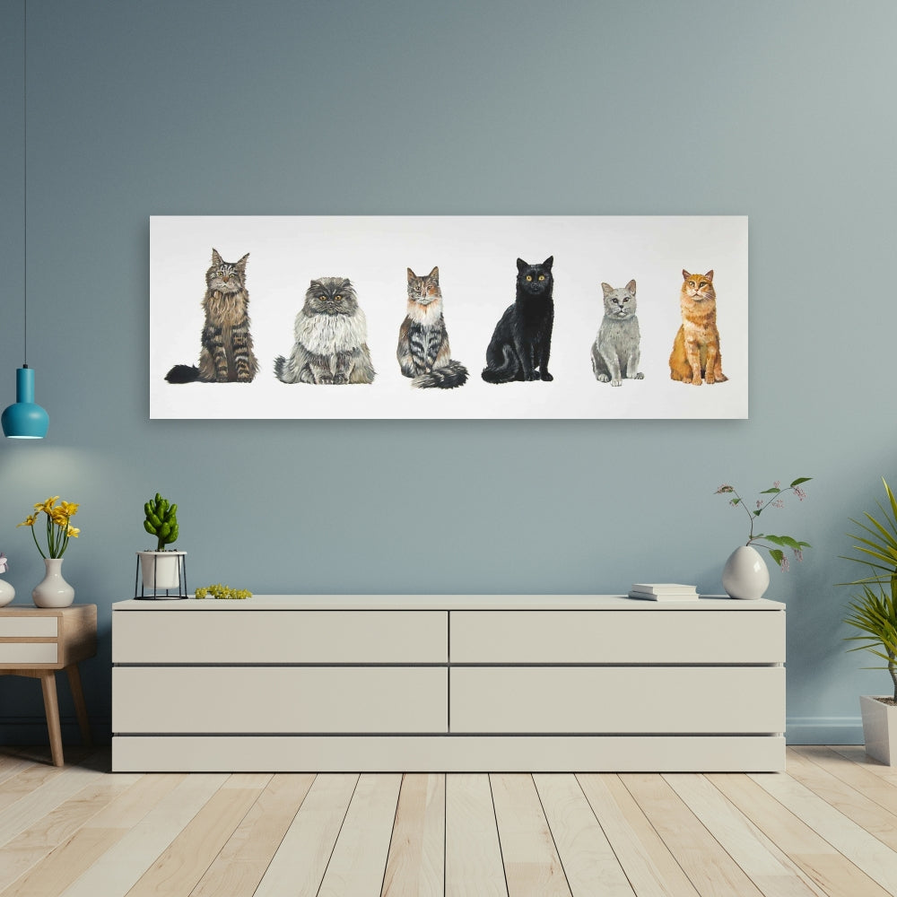 Toile illustrative de six chats alignés - Décoration murale