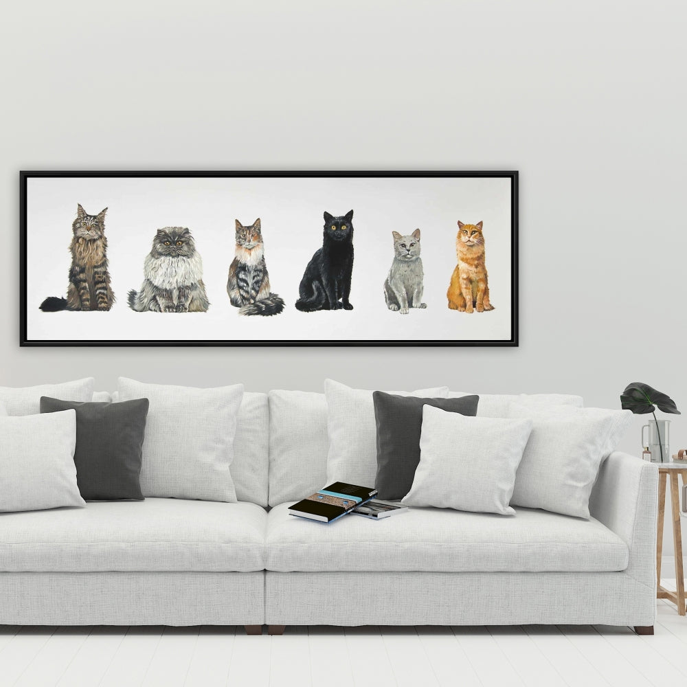 Toile encadrée marron « Six chats alignés » | Décoration d'intérieur
