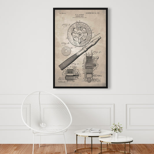 Beige Living Room Canvas | Vintage Fishing Reel Blueprint Decor