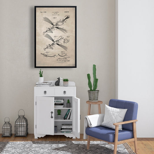 Beige Fish Lure Blueprint Framed Canvas | Vintage Home Decor