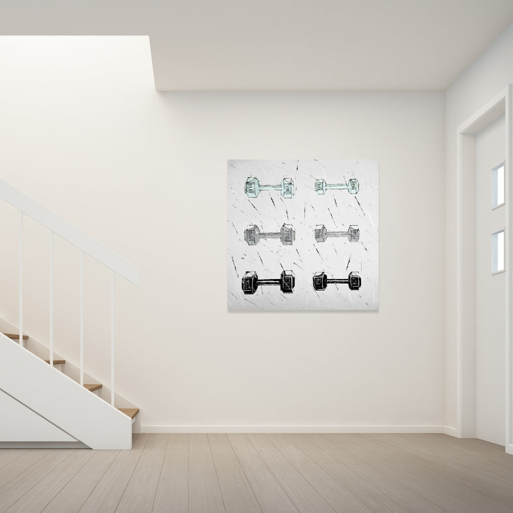 Toile « Gray Man Cave » – Décoration d'intérieur avec haltères | Sports et jeux
