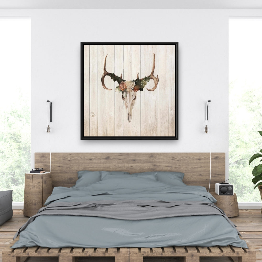 Mule Deer Skull with Roses Canvas | Rustic Bathroom Decor