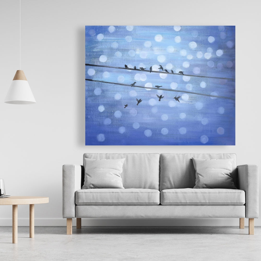 Birds on Glittering Blue Sky Canvas - Modern Home Decor Art