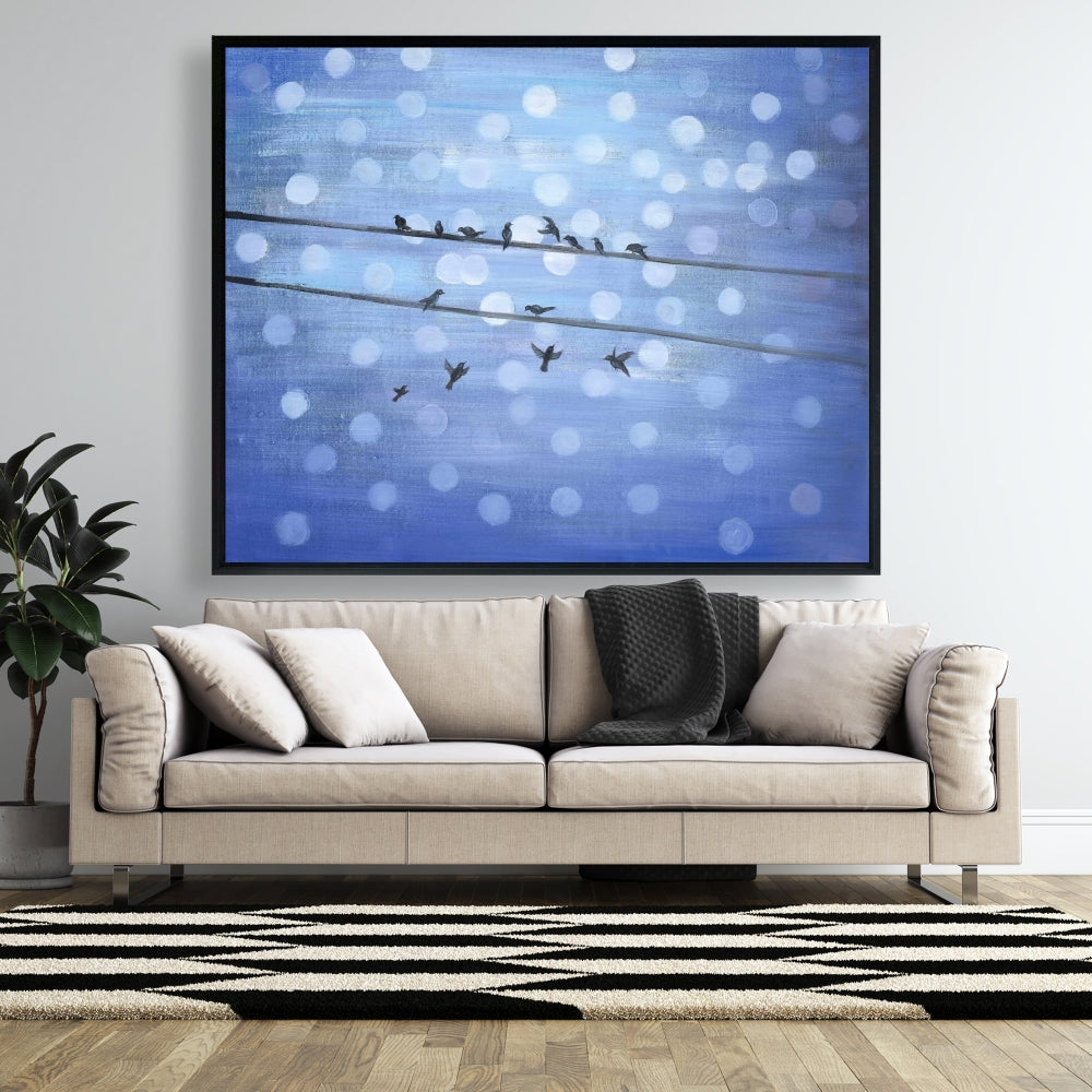 Toile encadrée Formes bleues – Décor oiseaux sur ciel scintillant