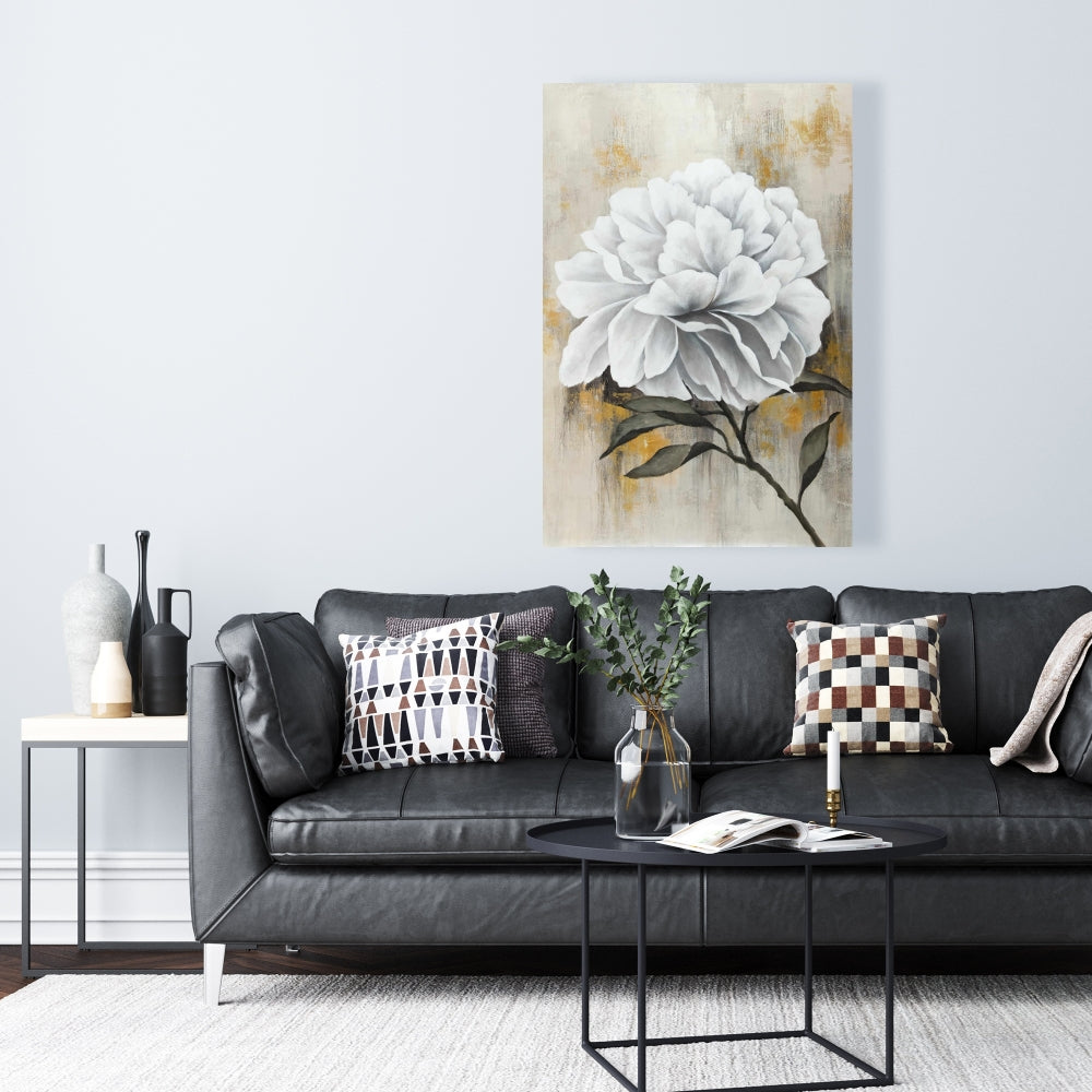 White Peony Canvas | Rustic Floral Living Room Wall Art Decor
