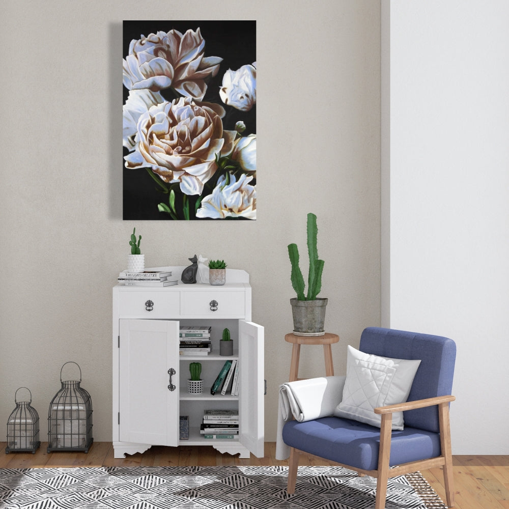 Peonies Canvas - White Leaves Bedroom Wall Art Home Decor