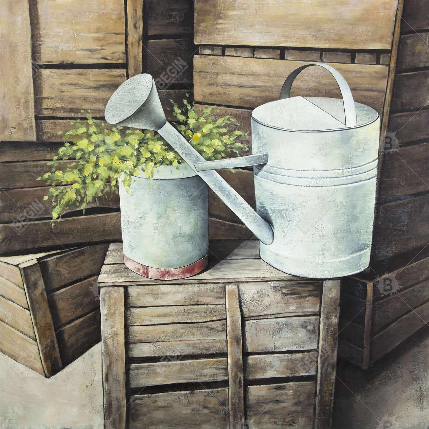 Arrosoir vintage | Toile décorative avec nature morte de fleurs marron