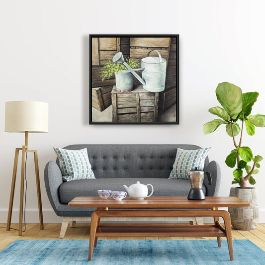 Arrosoir vintage | Toile décorative avec nature morte de fleurs marron