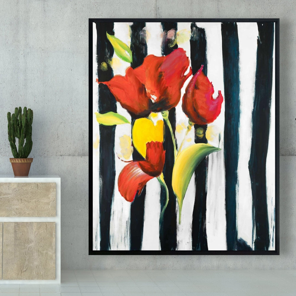 Red Flowers on Stripes Canvas | Blue Fashion Bedroom Decor