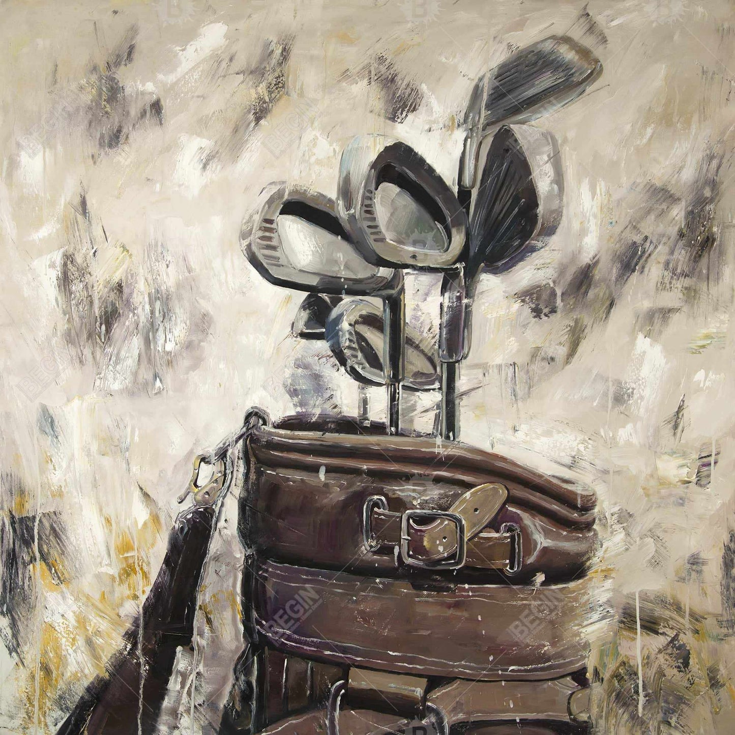 Toile vintage avec bâtons et sac de golf | Décoration murale