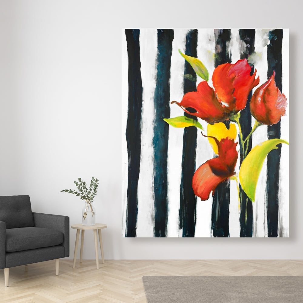 Botanical Bedroom Canvas - Flowers on Black and White Stripes