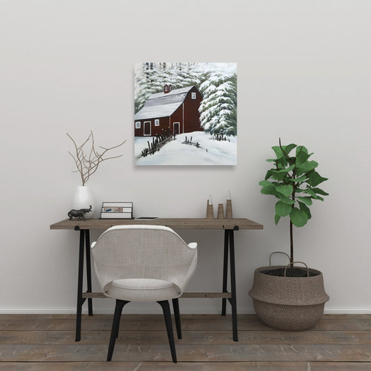Red Barn in Snow - Trees Architecture White Canvas Home Decor