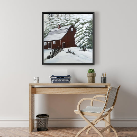 Red Barn in Snow Canvas | White Frame | Living Room Decor